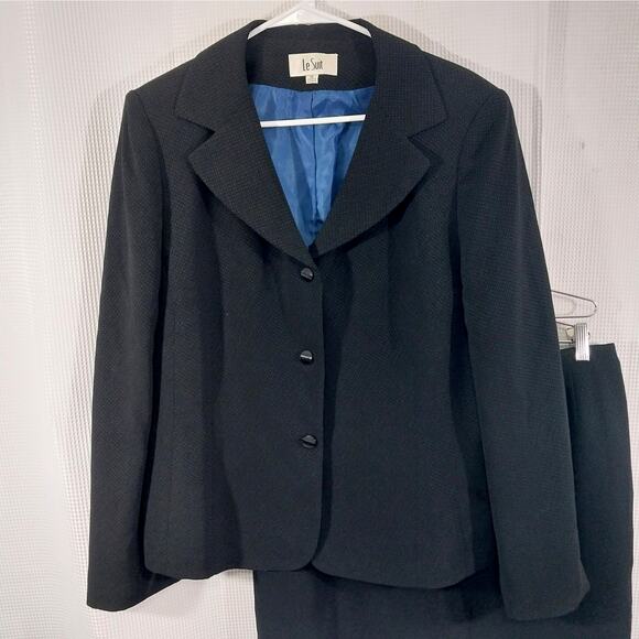 LE SUIT! RICH BLACK MICRODOT, WIDE LAPEL 2PC SKIRT & JACKET SUIT SET! SZ 16 - Picture 3 of 14